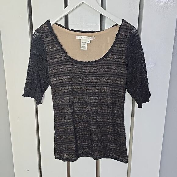 Studio M‎ Fitted Sheer Mesh Sheer Black Beige Scoop Neck Shirt XL Y2K Whimsigoth - Picture 1 of 8
